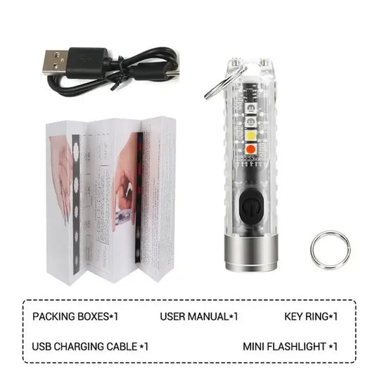 Compact Keychain Flashlight with Type-C Fast Charging, IP66 Waterproof Rating, Magnet, and Multifunctional Warning Features for Camping