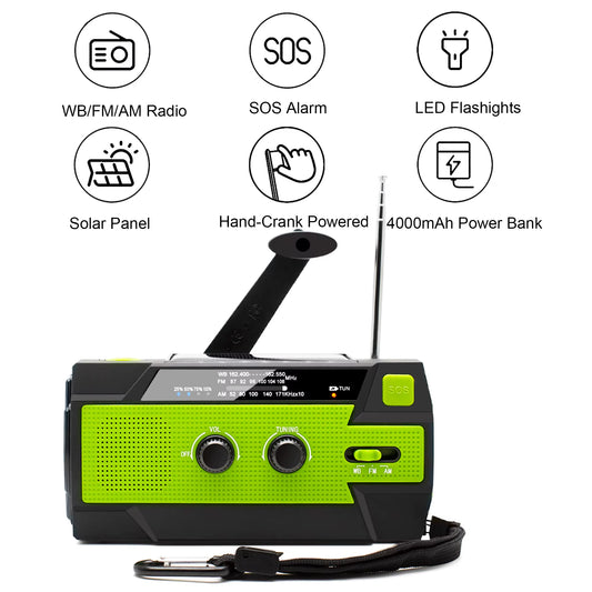 Portable Emergency NOAA Weather Radio with Hand Crank, Solar Power, AM/FM, SOS Alarm, Flashlight, and 4000mAh Rechargeable Power Bank