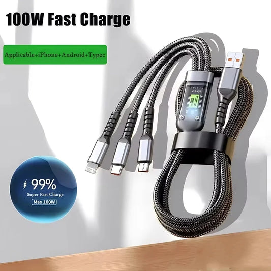 3-in-1 100W Transparent Pilot Lamp Super Fast Charging Cable Universal Compatibility with Type C, USB Micro for iPhone, Samsung, Huawei, Xiaomi 6A