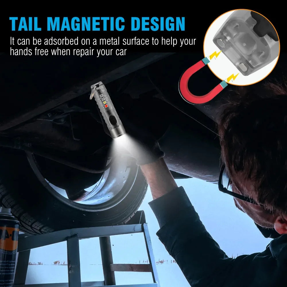 Compact Keychain Flashlight with Type-C Fast Charging, IP66 Waterproof Rating, Magnet, and Multifunctional Warning Features for Camping