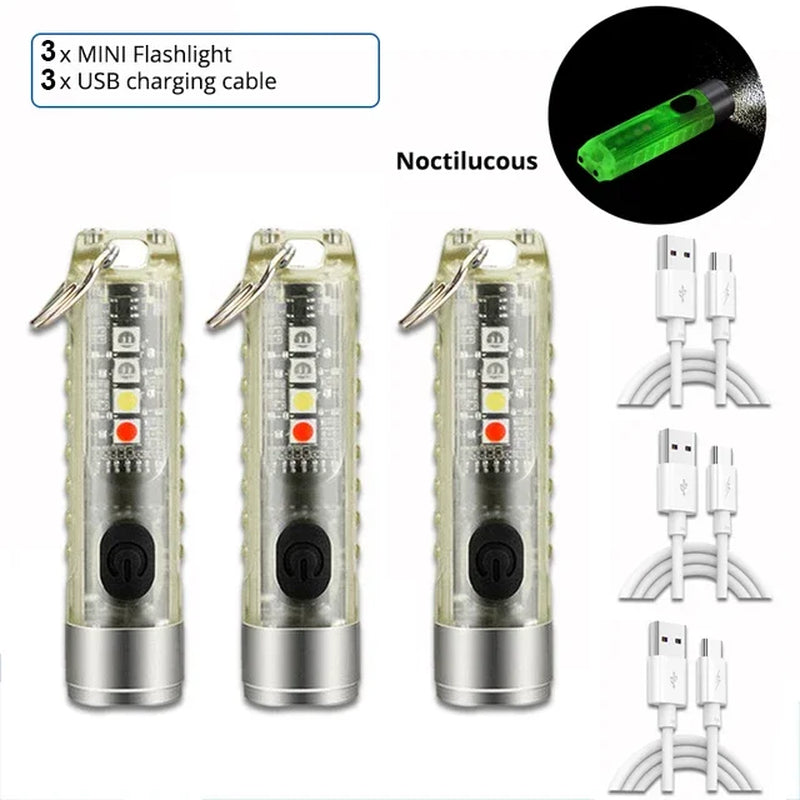 Compact Keychain Flashlight with Type-C Fast Charging, IP66 Waterproof Rating, Magnet, and Multifunctional Warning Features for Camping