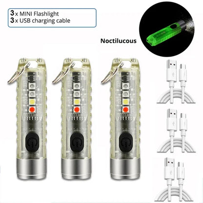 Compact Keychain Flashlight with Type-C Fast Charging, IP66 Waterproof Rating, Magnet, and Multifunctional Warning Features for Camping
