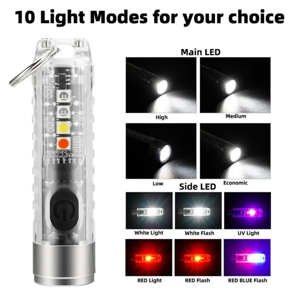 Compact Keychain Flashlight with Type-C Fast Charging, IP66 Waterproof Rating, Magnet, and Multifunctional Warning Features for Camping