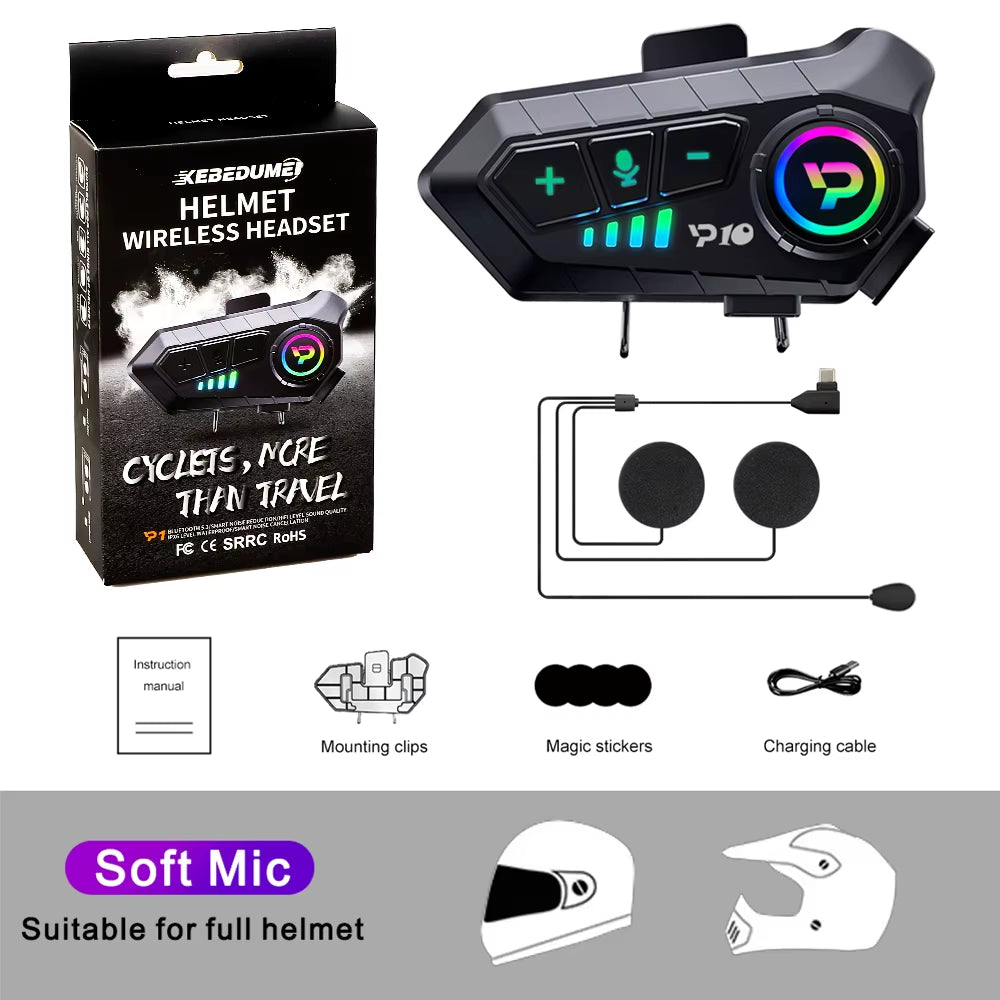 Kebidumei Wireless Motorcycle Helmet Headset with Hands-Free Calling, 2000mAh Stereo, Anti-Interference, Waterproof Music Player Earphones